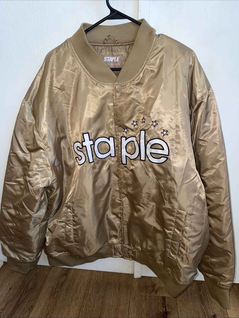 Staple Pigeon Satin Bomber Jacket Button Snaps Outdoors Gold Tan Men's Size 3XL